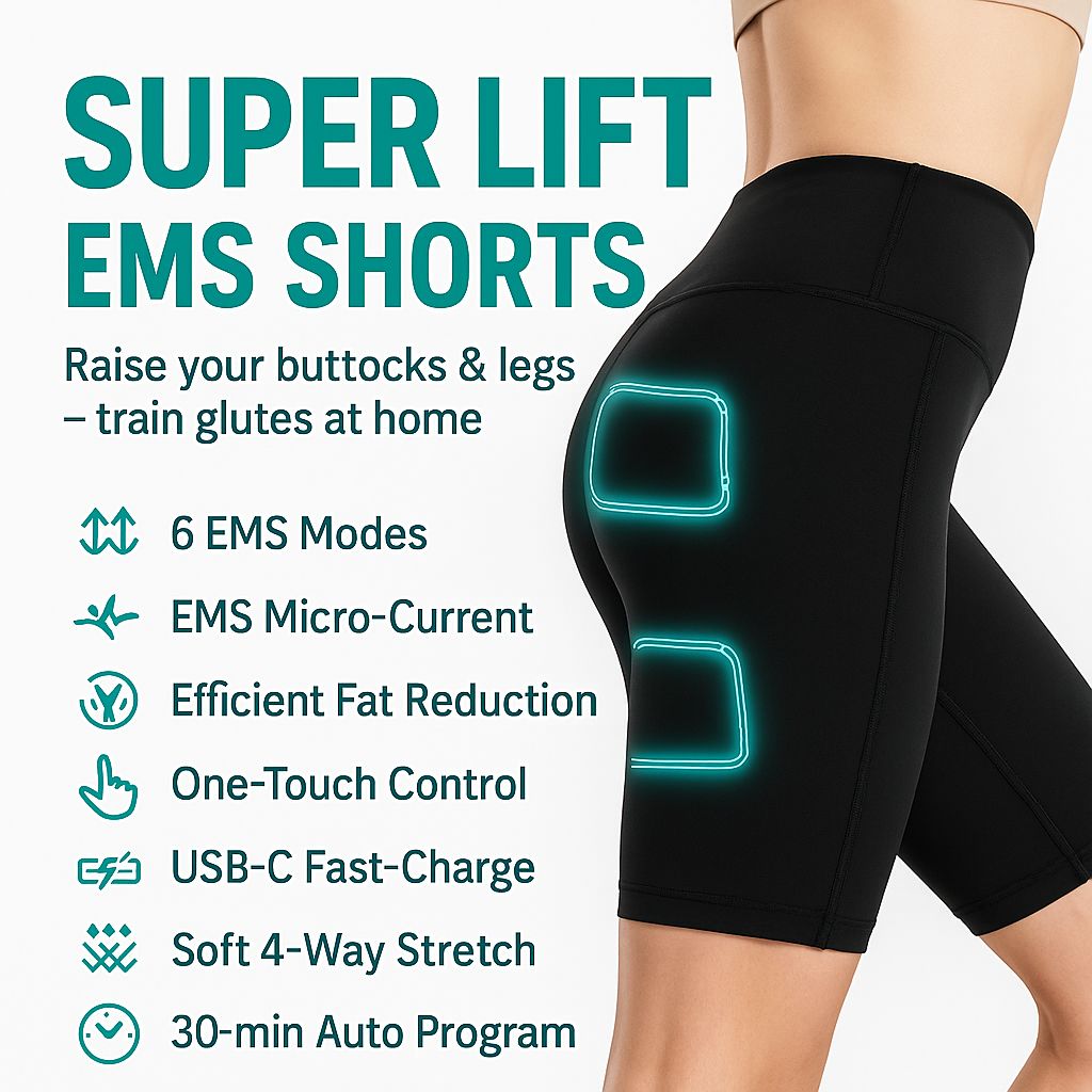 Black EMS shorts with glowing symbols on a white background, featuring text about product features.