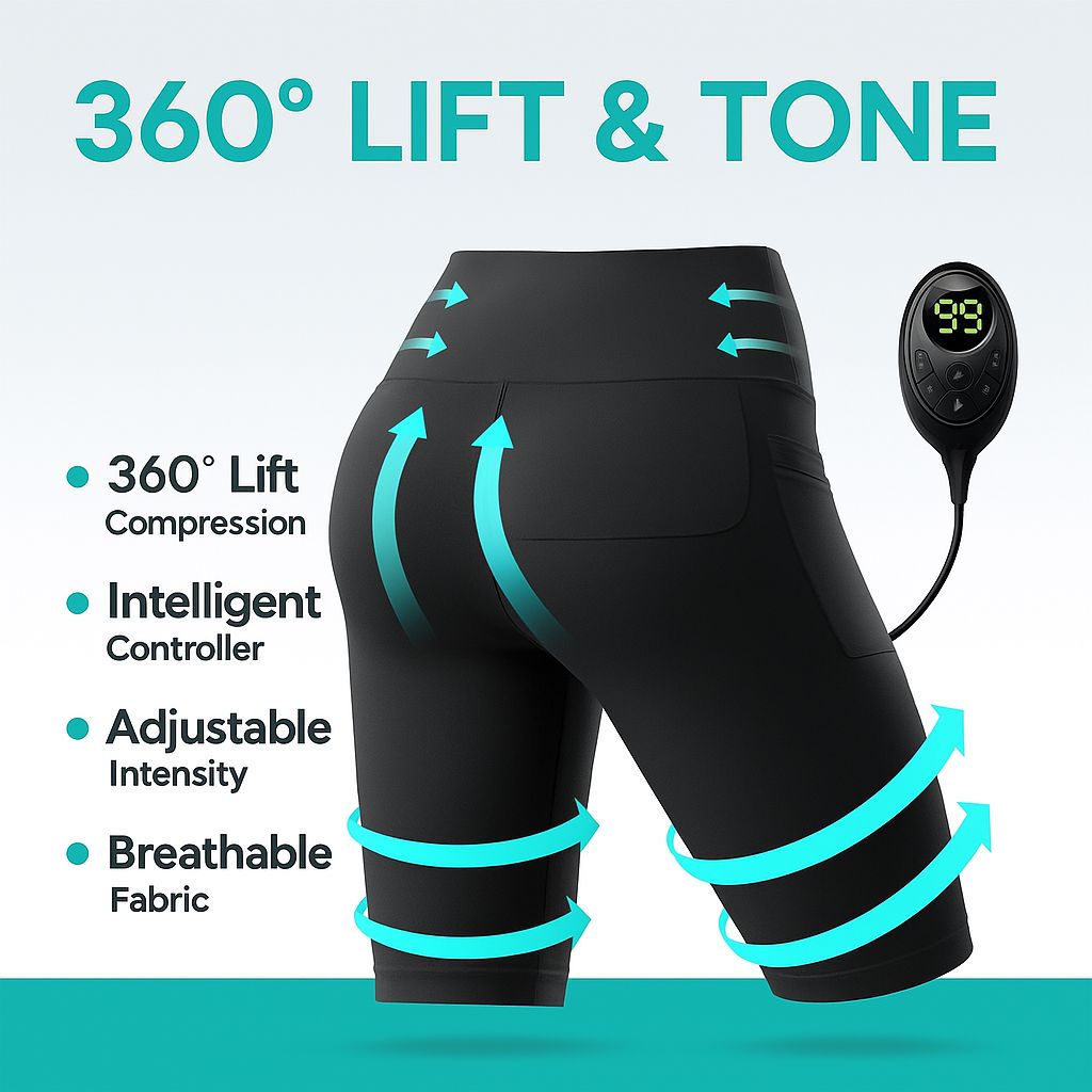 Black compression shorts with digital controller on a light blue background, highlighting features like '360° Lift & Tone'.