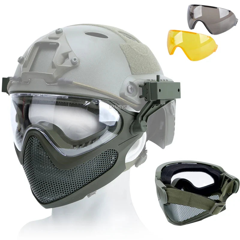 Premium Tactical FAST Helmet Half Face Mask with Flip Goggles – Hunting, Airsoft, Paintball Mask, Helmet Accessories for 