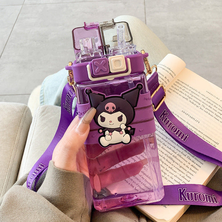 Premium Cartoon Water Bottle 520ML Double Drink Cup Leak Proof Plastic Bottle Cute Design Portable Student Bottle for School Travel Daily Use