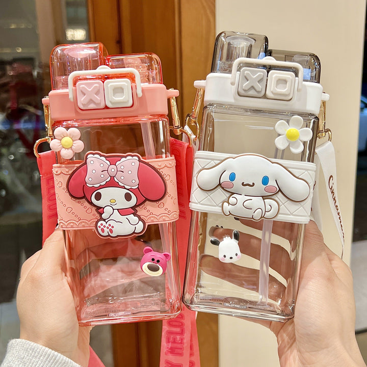 Premium Cartoon Water Bottle 520ML Double Drink Cup Leak Proof Plastic Bottle Cute Design Portable Student Bottle for School Travel Daily Use
