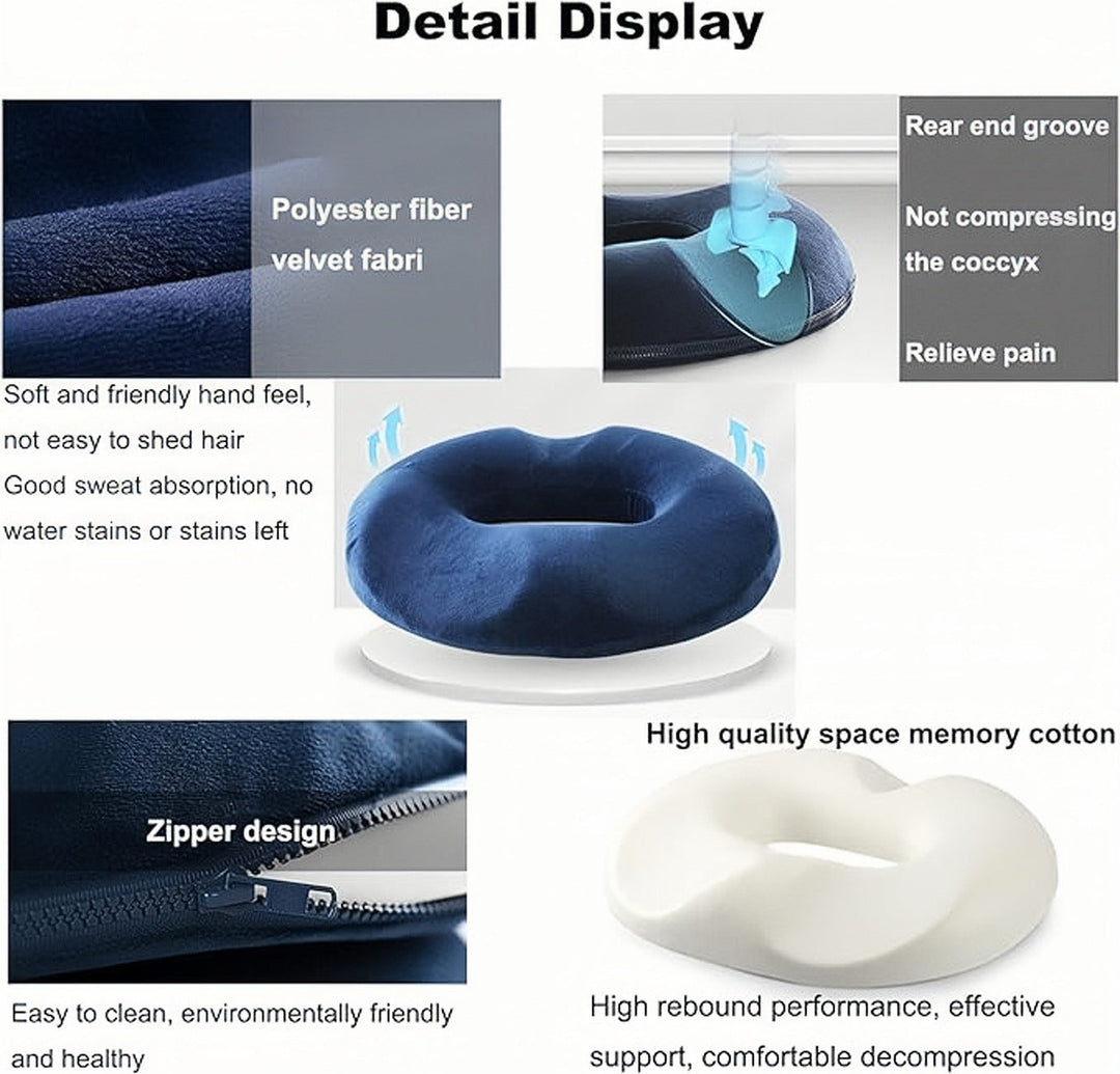Premium Donut Seat Cushion Memory Foam Ergonomic Chair Pad Non Slip Breathable Cushion Portable for Office Car Home Travel Sitting Daily Use Comfort
