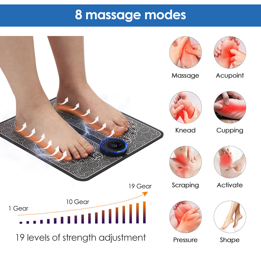 Premium EMS Foot Massager Pad Electric Massage Mat Remote Control 8 Modes 19 Levels Portable Foot Leg Massager for Home Office Travel Daily Use Comfort