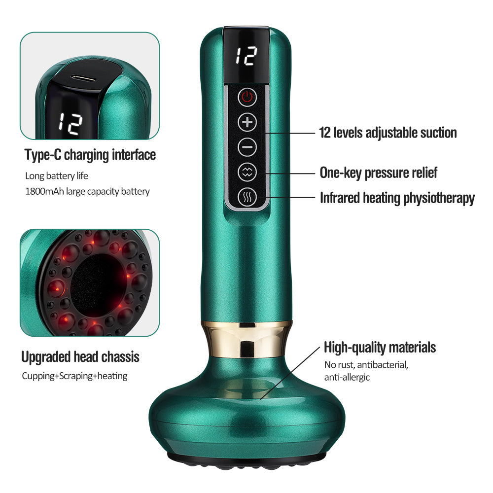 Premium Electric Cupping Massager Vacuum Suction Device Gua Sha Tool Infrared Heat 12 Levels Rechargeable Body Massager for Home Gym Daily Use Comfort