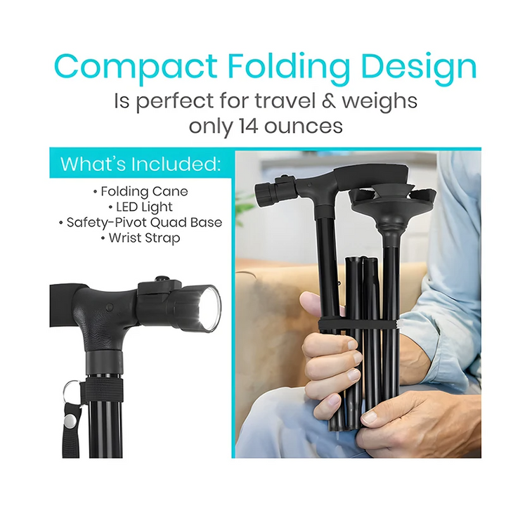 Premium Folding Walking Cane Telescopic Adjustable Hiking Stick Lightweight Aluminum Alloy Non Slip Base Ergonomic Grip Portable 27cm Fold Travel Use