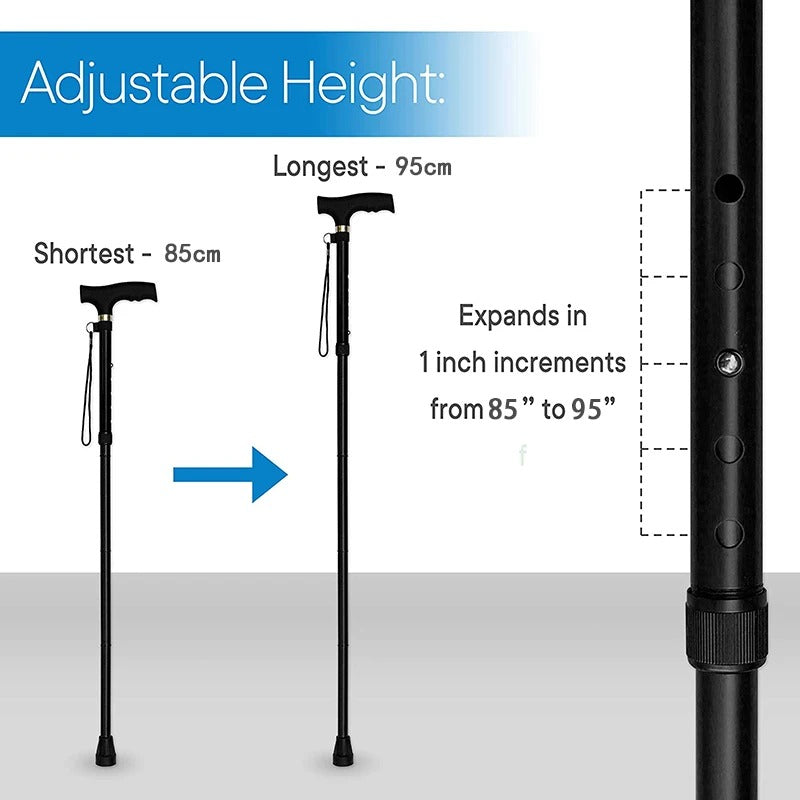 Premium Folding Walking Cane Telescopic Adjustable Hiking Stick Lightweight Aluminum Alloy Non Slip Base Ergonomic Grip Portable 27cm Fold Travel Use