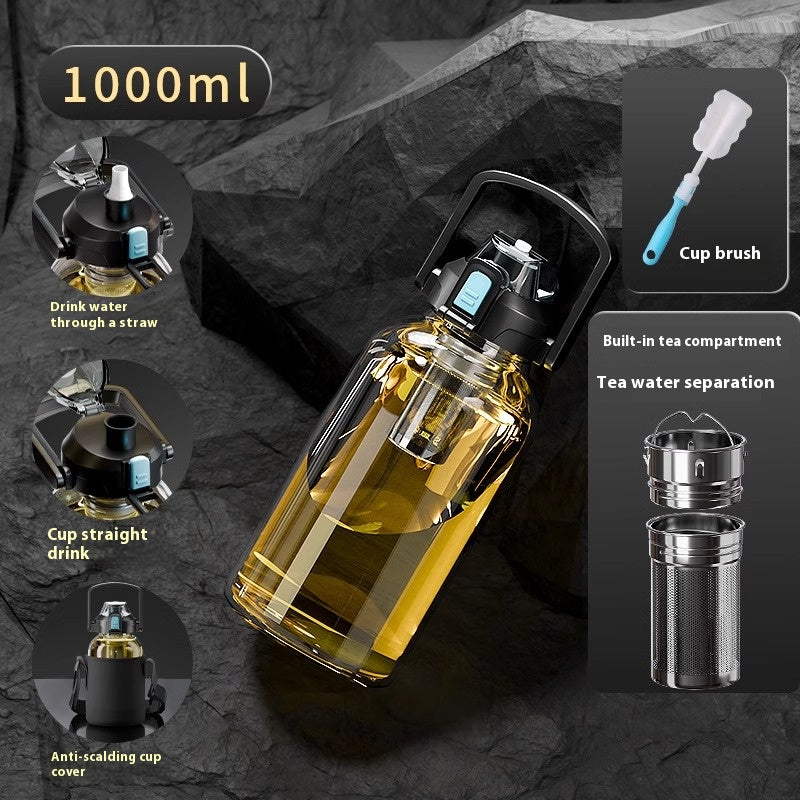 Premium Glass Tea Cup Large Capacity 800ml 1000ml 1500ml 2000ml Heat Resistant Bottle with Lid Straw Leak Proof Portable for Travel Sports Daily Use