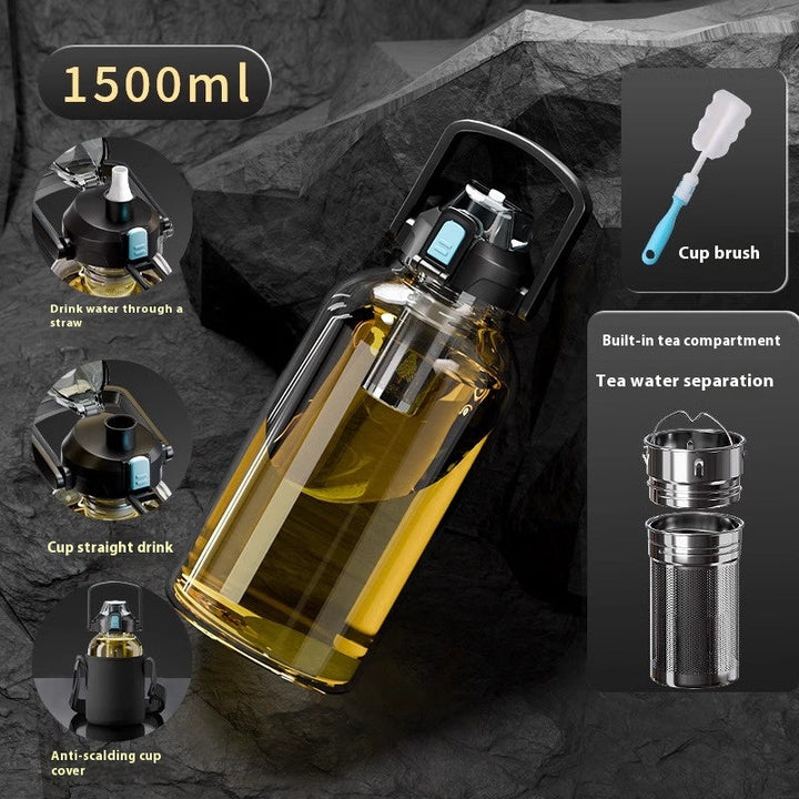 Premium Glass Tea Cup Large Capacity 800ml 1000ml 1500ml 2000ml Heat Resistant Bottle with Lid Straw Leak Proof Portable for Travel Sports Daily Use
