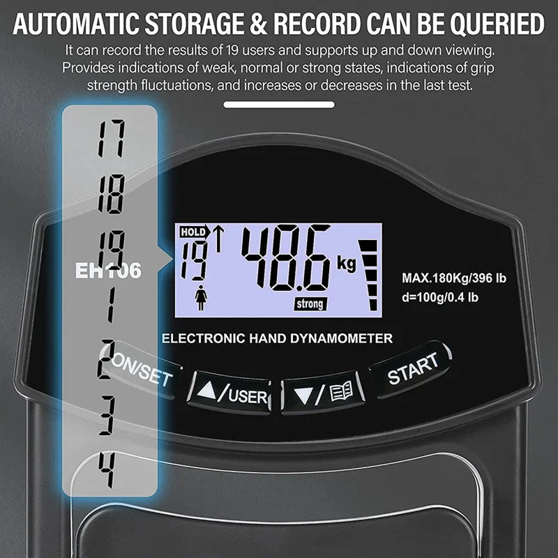 Premium Grip Strength Tester Digital Hand Dynamometer 120kg 265lbs LCD USB Rechargeable Adjustable Handle Power Meter for Sports Training Home Gym Daily Use