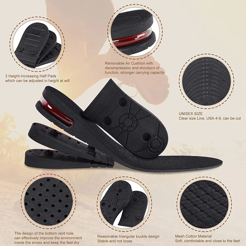 Premium Height Increase Insoles Adjustable 3 to 9cm Elevator Inserts Air Cushion EVA Shoe Lifts Unisex Insoles for Men Women Daily Use Comfort Fit