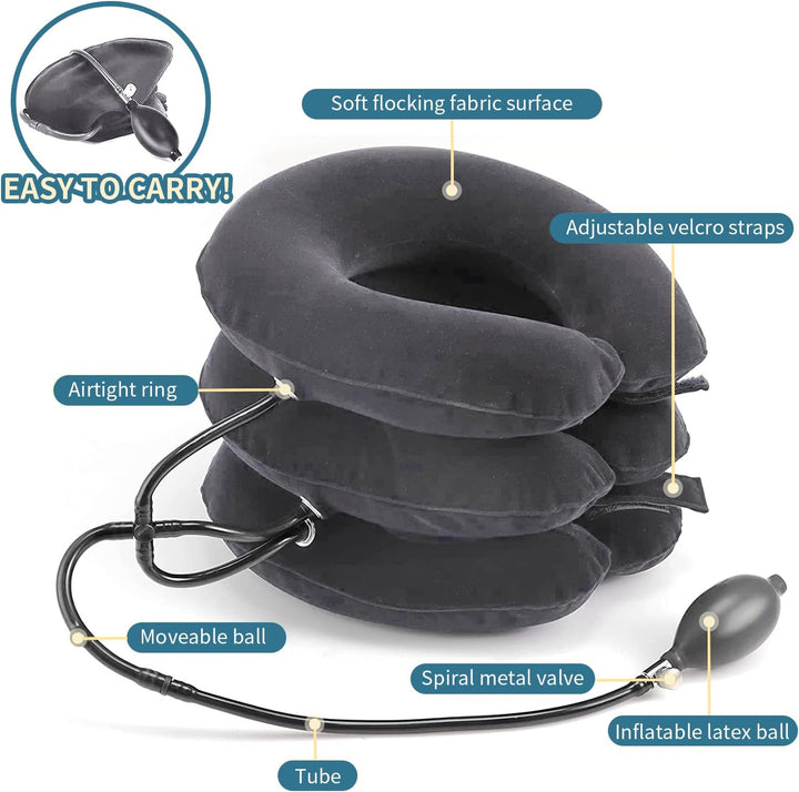 Premium Inflatable Neck Collar Adjustable Cervical Support Pillow Portable Neck Support with Hand Pump for Work Travel Daily Use Comfort Fit