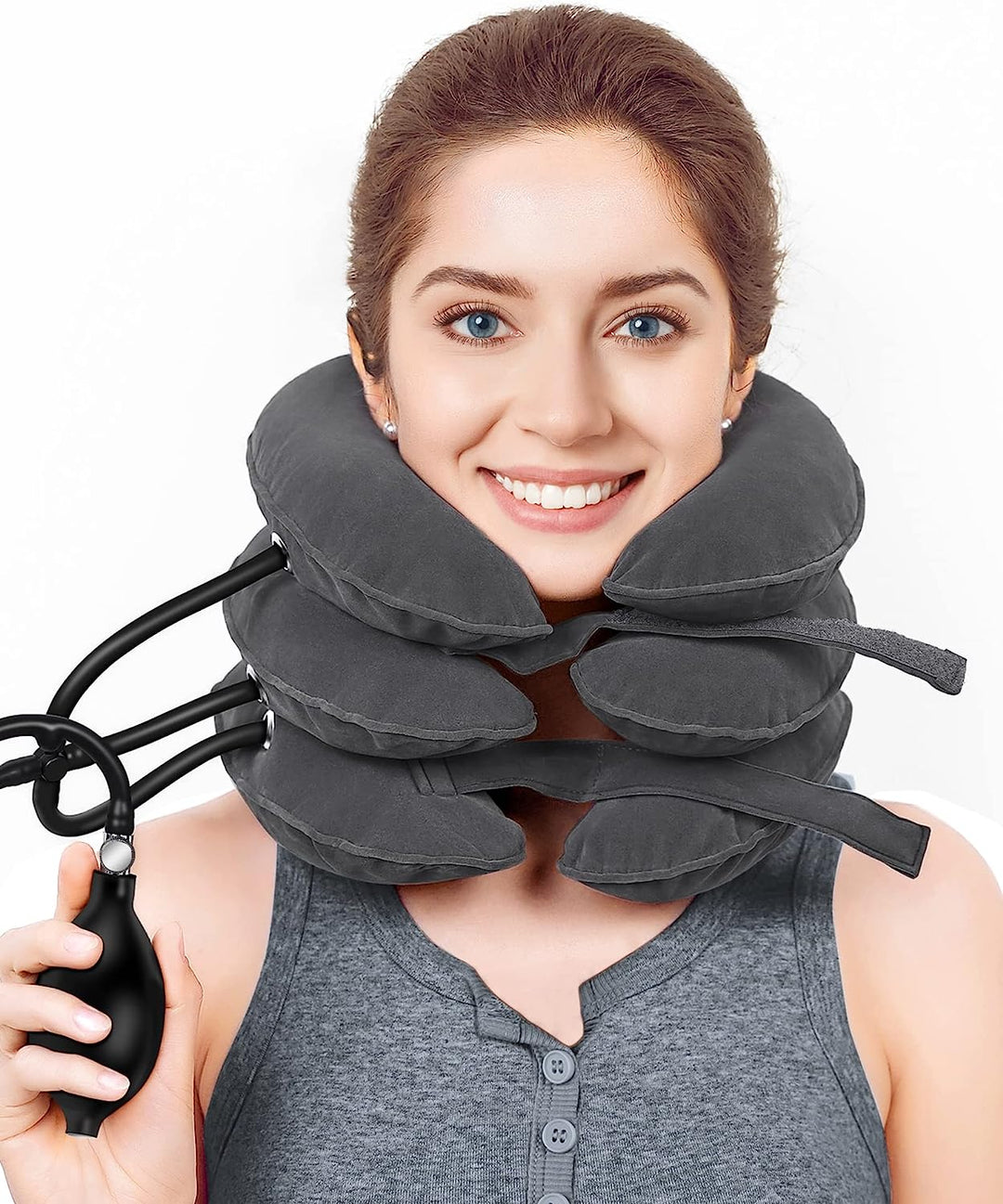 Premium Inflatable Neck Collar Adjustable Cervical Support Pillow Portable Neck Support with Hand Pump for Work Travel Daily Use Comfort Fit