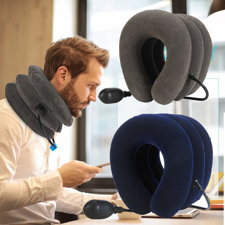 Premium Inflatable Neck Collar Adjustable Cervical Support Pillow Portable Neck Support with Hand Pump for Work Travel Daily Use Comfort Fit