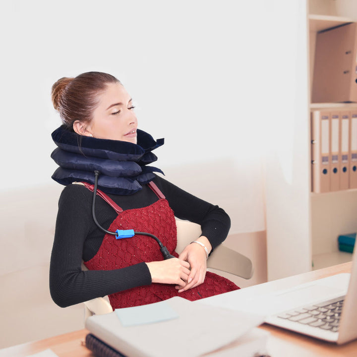 Premium Inflatable Neck Collar Adjustable Cervical Support Pillow Portable Neck Support with Hand Pump for Work Travel Daily Use Comfort Fit