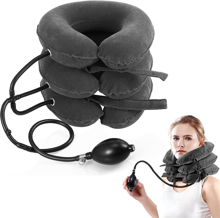 Premium Inflatable Neck Collar Adjustable Cervical Support Pillow Portable Neck Support with Hand Pump for Work Travel Daily Use Comfort Fit