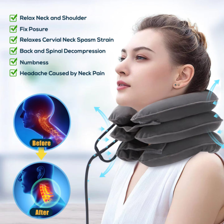 Premium Inflatable Neck Collar Adjustable Cervical Support Pillow Portable Neck Support with Hand Pump for Work Travel Daily Use Comfort Fit