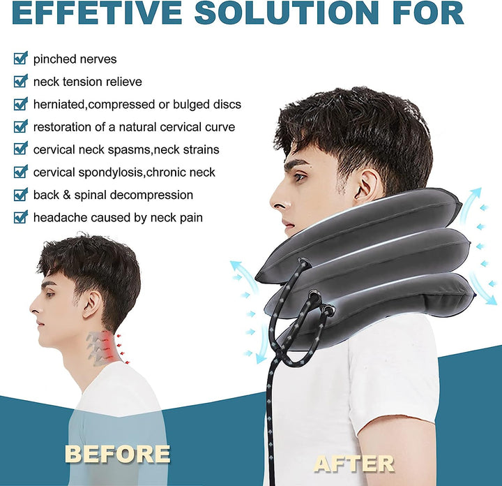 Premium Inflatable Neck Collar Adjustable Cervical Support Pillow Portable Neck Support with Hand Pump for Work Travel Daily Use Comfort Fit