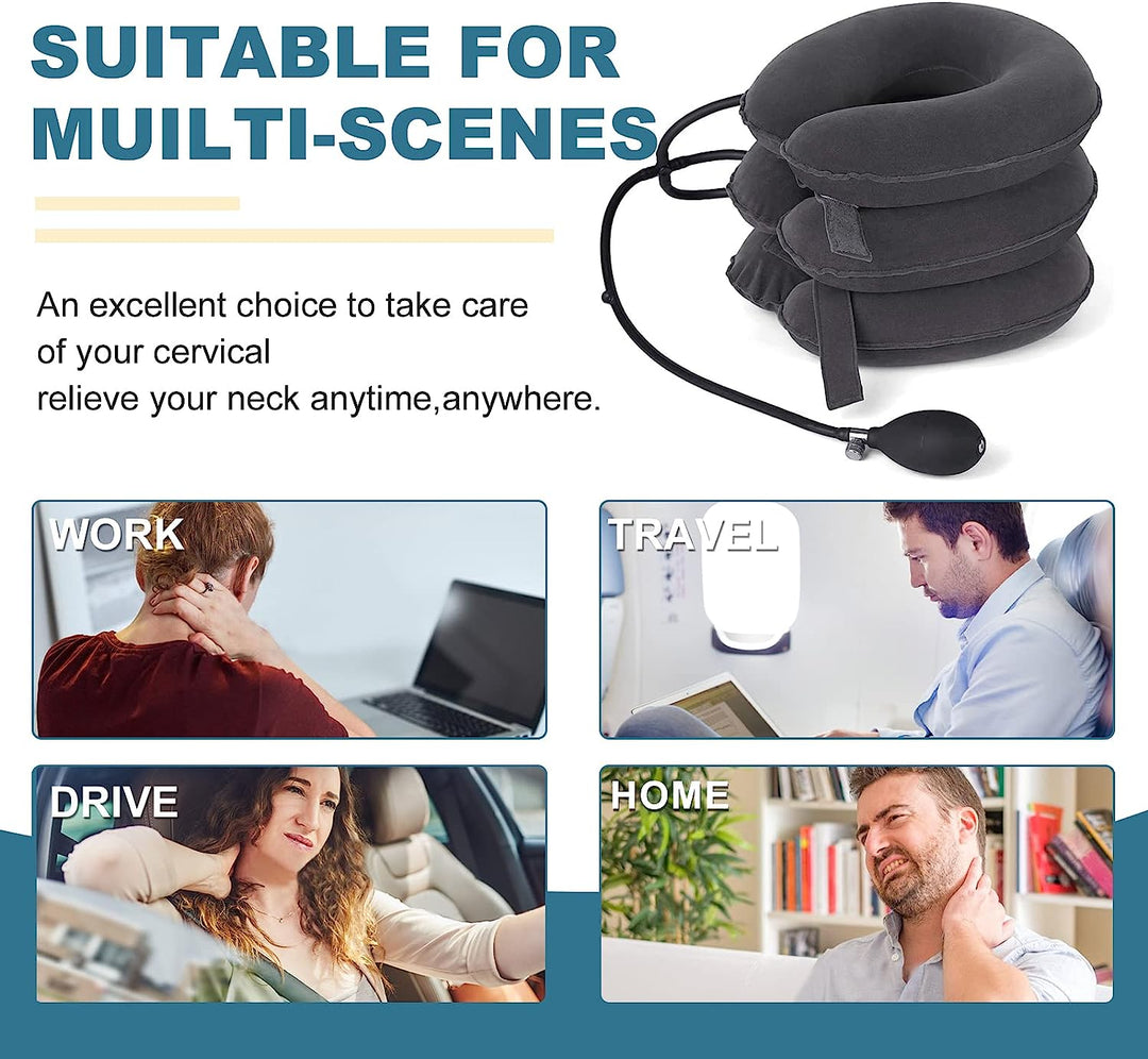 Premium Inflatable Neck Collar Adjustable Cervical Support Pillow Portable Neck Support with Hand Pump for Work Travel Daily Use Comfort Fit