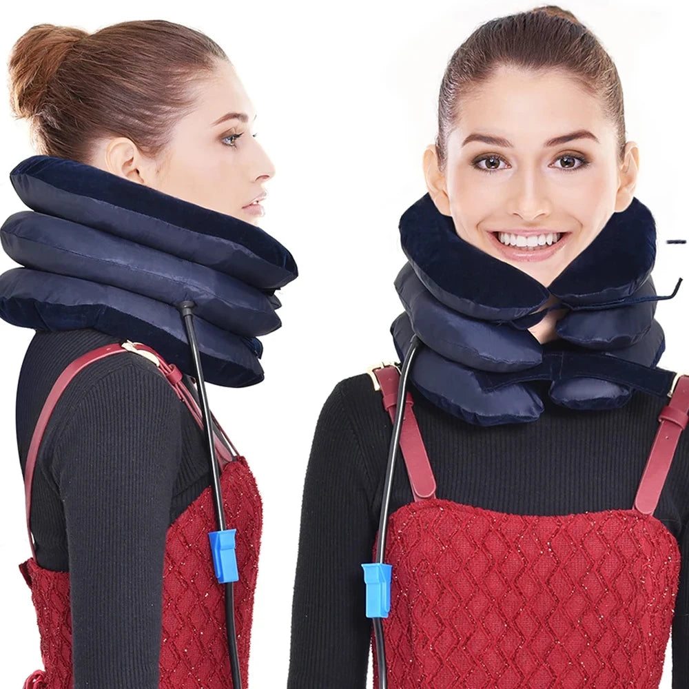 Premium Inflatable Neck Collar Adjustable Cervical Support Pillow Portable Neck Support with Hand Pump for Work Travel Daily Use Comfort Fit