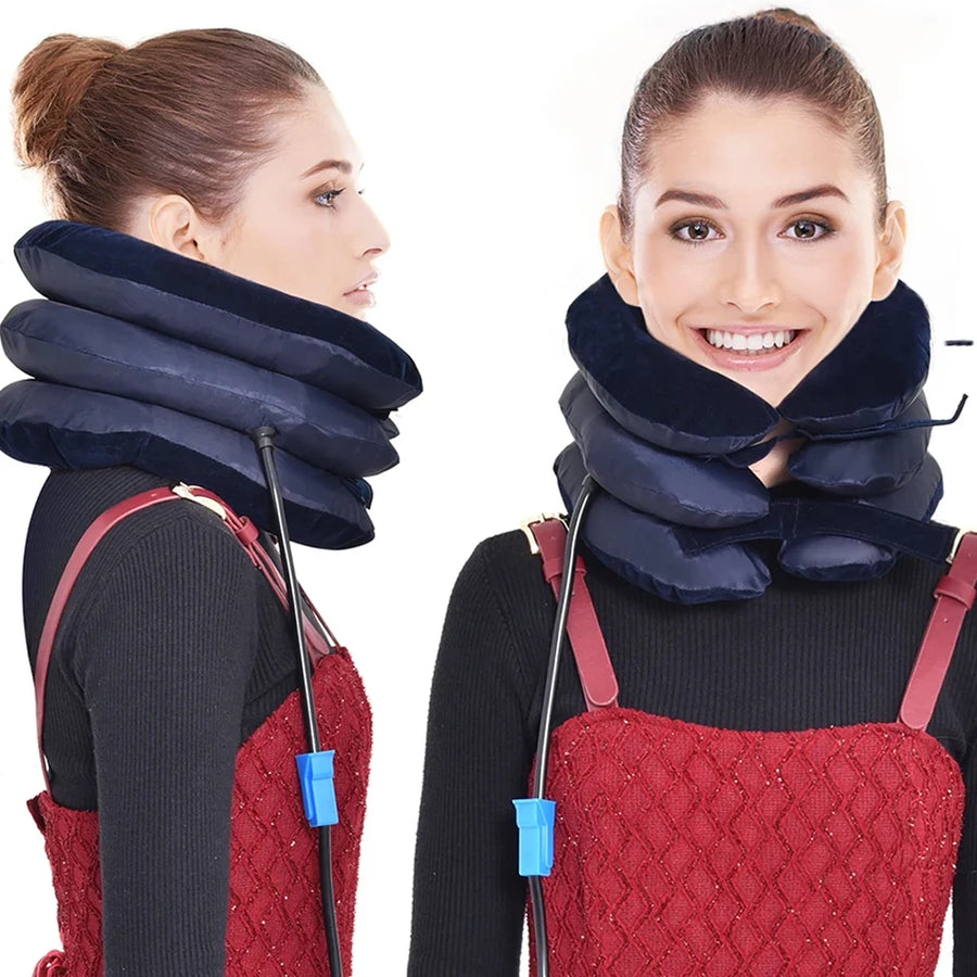 Premium Inflatable Neck Collar Adjustable Cervical Support Pillow Portable Neck Support with Hand Pump for Work Travel Daily Use Comfort Fit