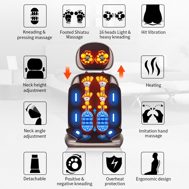 Premium Shiatsu Neck Back Massager Pillow Electric Cushion Infrared Heat 18 Rollers 3 Speed Kneading Portable for Home Office Car Travel Daily Use
