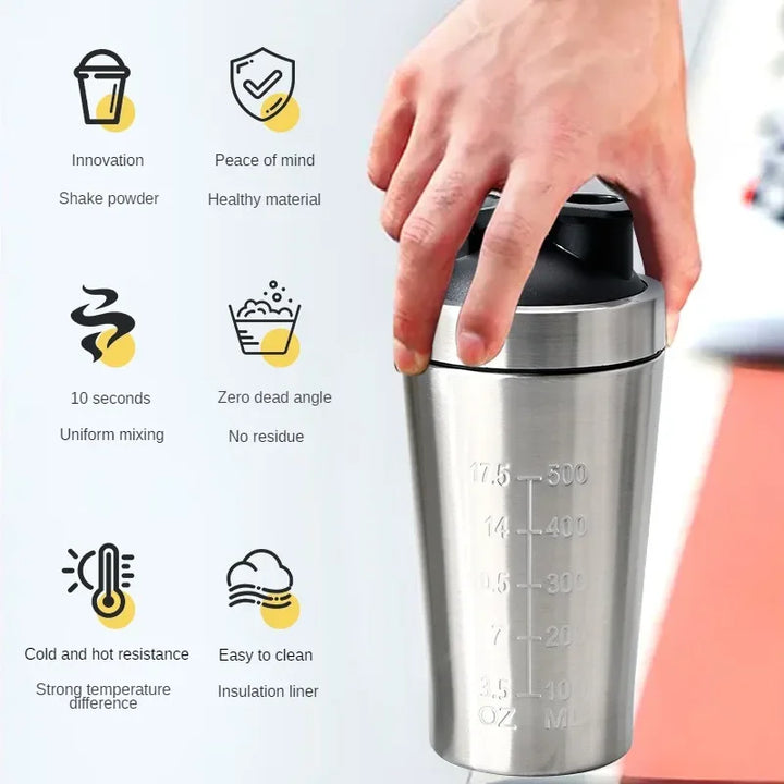 Premium Stainless Steel Shaker Bottle 500ML 750ML Protein Mixer Leak Proof Gym Fitness Cup with Steel Ball Portable for Smoothies Sports Drinks Daily Use