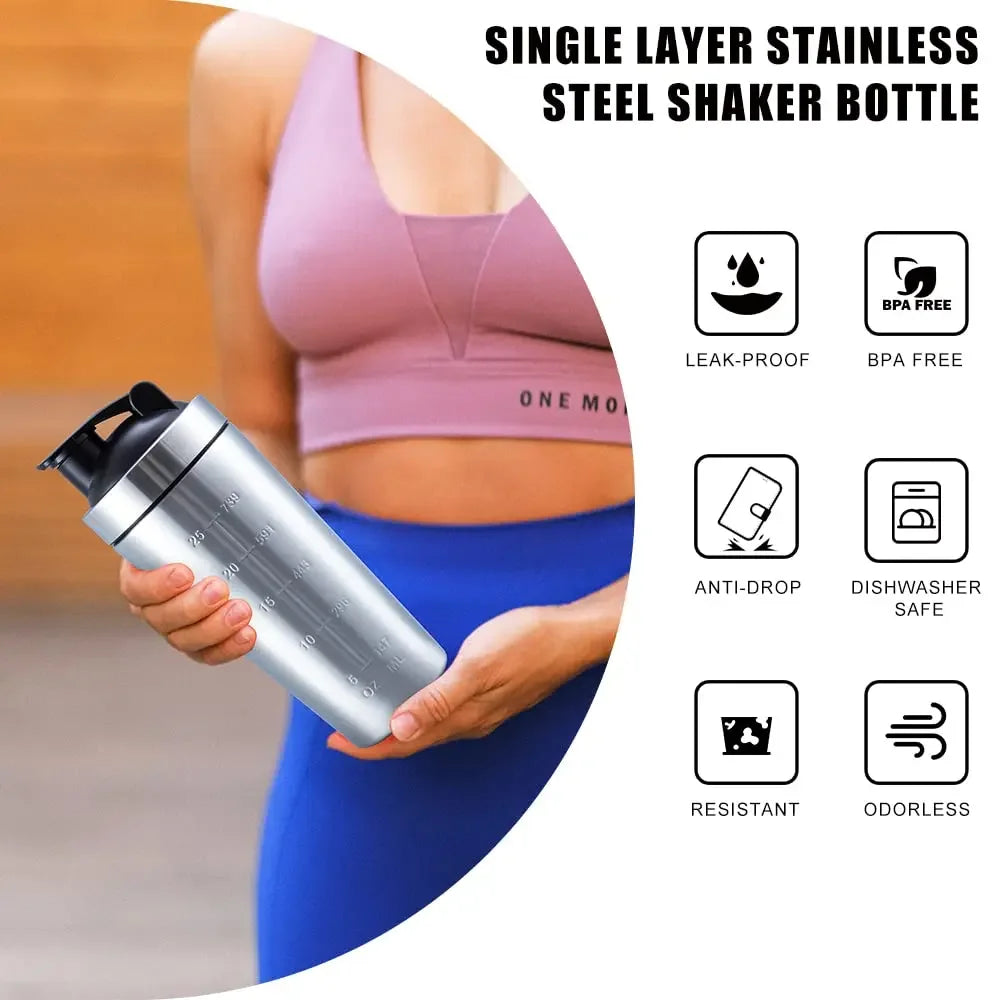 Premium Stainless Steel Shaker Bottle 500ML 750ML Protein Mixer Leak Proof Gym Fitness Cup with Steel Ball Portable for Smoothies Sports Drinks Daily Use