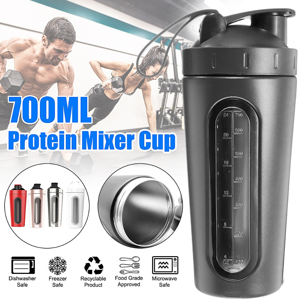 Premium Stainless Steel Shaker Bottle 700ML Protein Mixer Leak Proof Gym Water Bottle with Scale Steel Ball for Smoothies Fitness Travel Outdoor Daily Use
