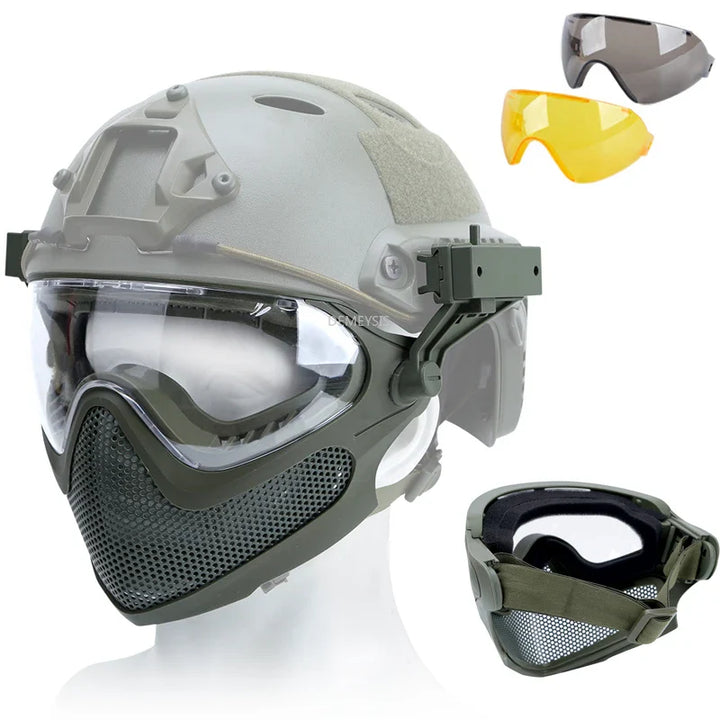Premium Tactical Helmet Mask with Goggles FAST Rail Compatible Half Face Mask Breathable Lightweight Airsoft Paintball Hunting Protective Gear
