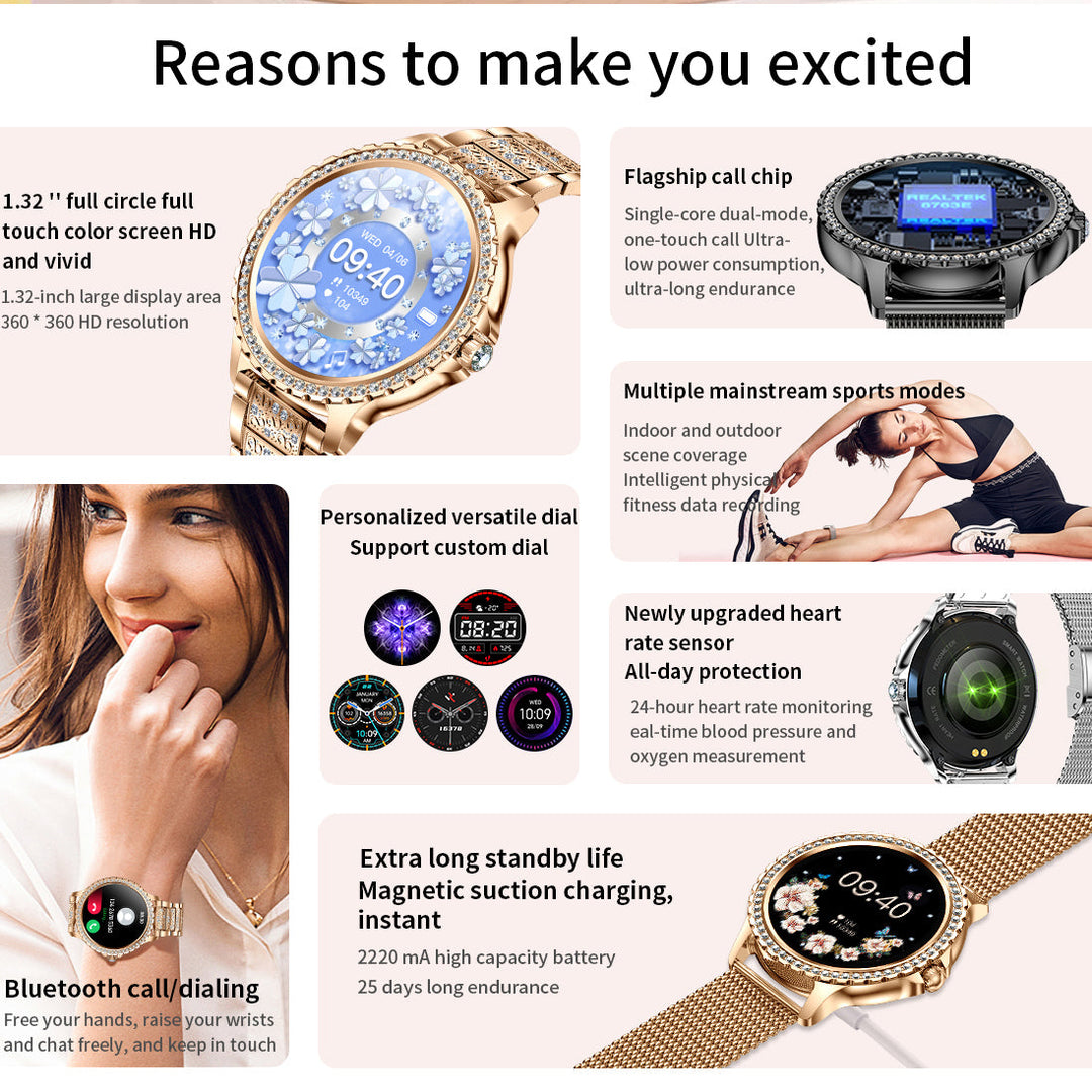 Premium Women Smartwatch Bluetooth Calling 1.32 Inch HD 360x360 IP67 Fitness Tracker Heart Rate Sleep Activity Tracker for iOS Android Daily Use