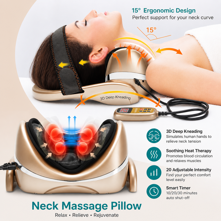 Premium Neck Massage Pillow with Heat & Vibration, 7 Modes, Cervical Traction Device for Pain Relief & Spine Alignment – Adjustable Heating, 3D Airbag Massage