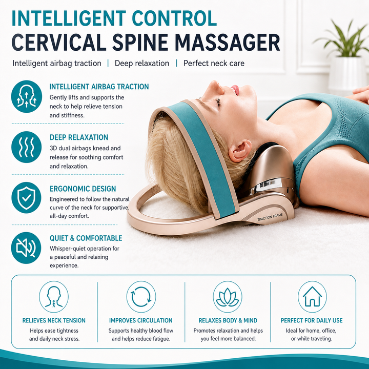 Premium Neck Massage Pillow with Heat & Vibration, 7 Modes, Cervical Traction Device for Pain Relief & Spine Alignment – Adjustable Heating, 3D Airbag Massage