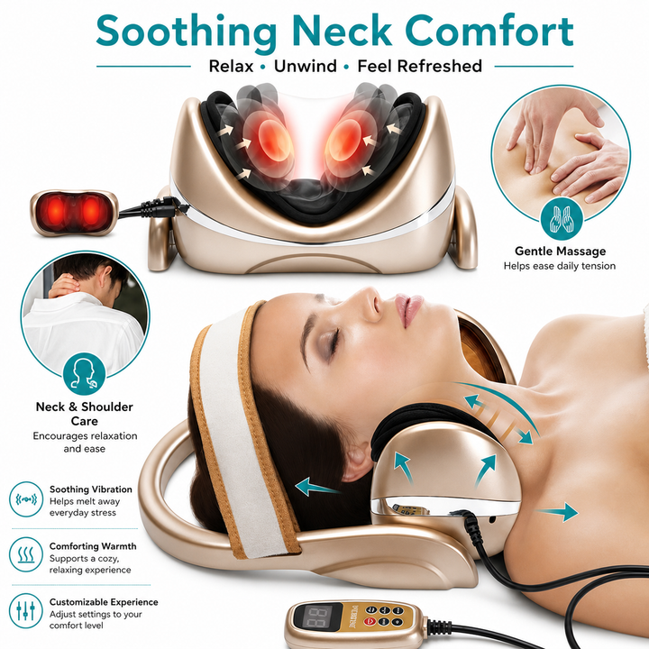 Premium Neck Massage Pillow with Heat & Vibration, 7 Modes, Cervical Traction Device for Pain Relief & Spine Alignment – Adjustable Heating, 3D Airbag Massage