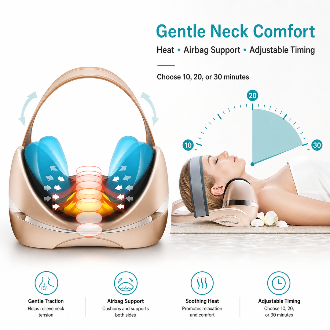 Premium Neck Massage Pillow with Heat & Vibration, 7 Modes, Cervical Traction Device for Pain Relief & Spine Alignment – Adjustable Heating, 3D Airbag Massage