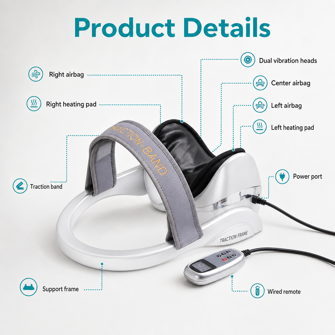 Premium Neck Massage Pillow with Heat & Vibration, 7 Modes, Cervical Traction Device for Pain Relief & Spine Alignment – Adjustable Heating, 3D Airbag Massage