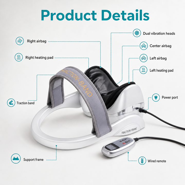 Premium Neck Massage Pillow with Heat & Vibration, 7 Modes, Cervical Traction Device for Pain Relief & Spine Alignment – Adjustable Heating, 3D Airbag Massage