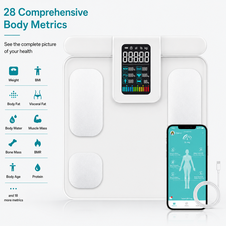 Premium Smart Body Composition Scale 8 Electrode Digital Weight Scale Bluetooth App Sync Body Fat Muscle Water BMI Tracker 180kg LCD Multi User