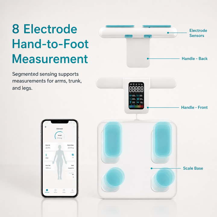 Premium Smart Body Composition Scale 8 Electrode Digital Weight Scale Bluetooth App Sync Body Fat Muscle Water BMI Tracker 180kg LCD Multi User