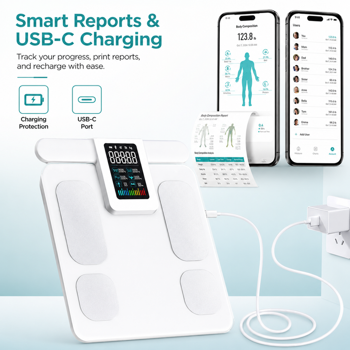 Premium Smart Body Composition Scale 8 Electrode Digital Weight Scale Bluetooth App Sync Body Fat Muscle Water BMI Tracker 180kg LCD Multi User